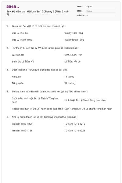Bộ 4  Đề kiểm tra 1 tiết Lịch Sử 10 Chương 2 (Phần 2 - Đề 2)