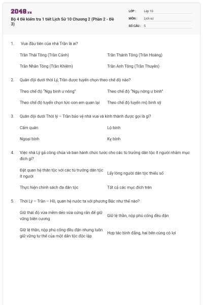 Bộ 4  Đề kiểm tra 1 tiết Lịch Sử 10 Chương 2 (Phần 2 - Đề 3)