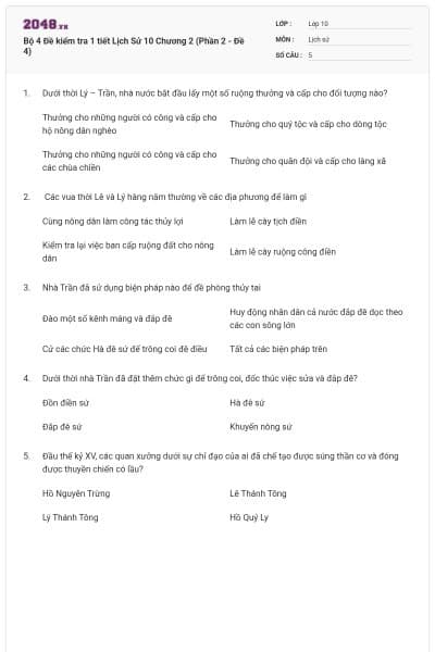 Bộ 4  Đề kiểm tra 1 tiết Lịch Sử 10 Chương 2 (Phần 2 - Đề 4)
