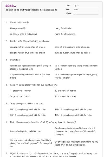 Đề kiểm tra 15 phút Vật Lí 12 Học kì 2 có đáp án (Đề 4)