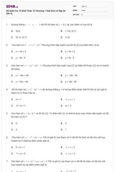 Đề kiểm tra 15 phút Toán 12 Chương 1 Giải tích có đáp án (Đề 4)