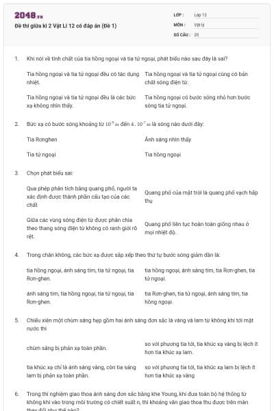 Đề thi giữa kì 2 Vật Lí 12 có đáp án (Đề 1)