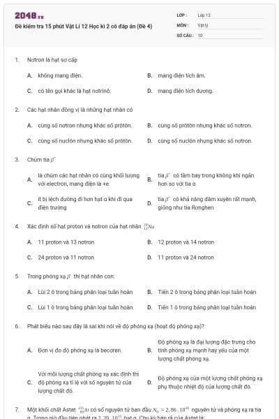 Đề kiểm tra 15 phút Vật Lí 12 Học kì 2 có đáp án (Đề 4)
