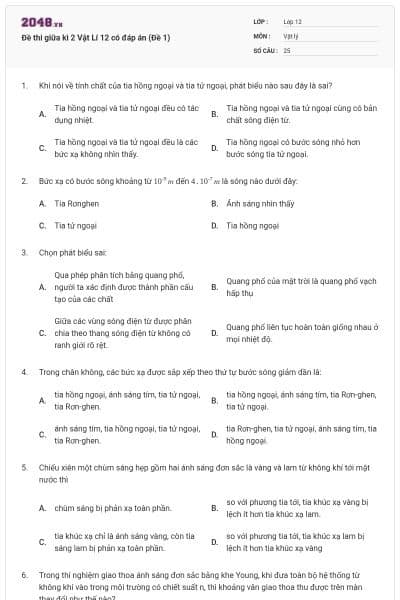 Đề thi giữa kì 2 Vật Lí 12 có đáp án (Đề 1)