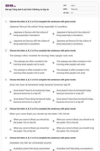 Bài tập Tiếng Anh 8 mới Unit 4 Writing có đáp án