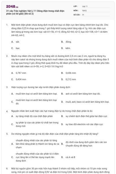 31 câu Trắc nghiệm Vật Lí 11 Dòng điện trong chất điện phân (có lời giải) (Đề số 2)