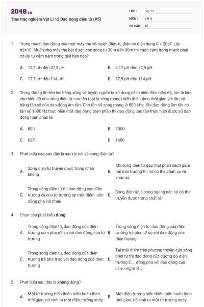 Trắc trắc nghiệm Vật Lí 12 Dao Động điện từ (P5)