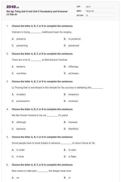 Bài tập Tiếng Anh 8 mới Unit 5 Vocabulary and Grammar có đáp án