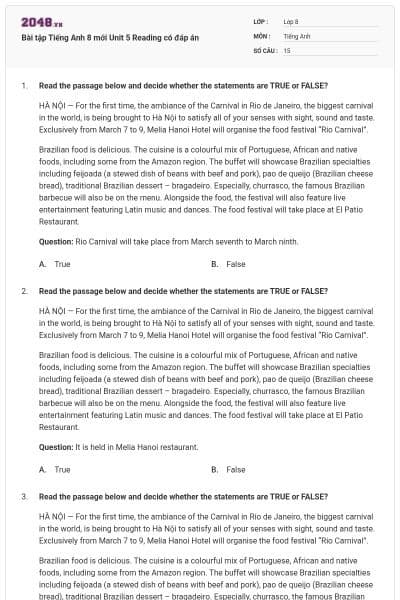 Bài tập Tiếng Anh 8 mới Unit 5 Reading có đáp án