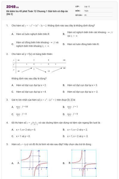 Đề kiểm tra 45 phút Toán 12 Chương 1 Giải tích có đáp án (Đề 2)