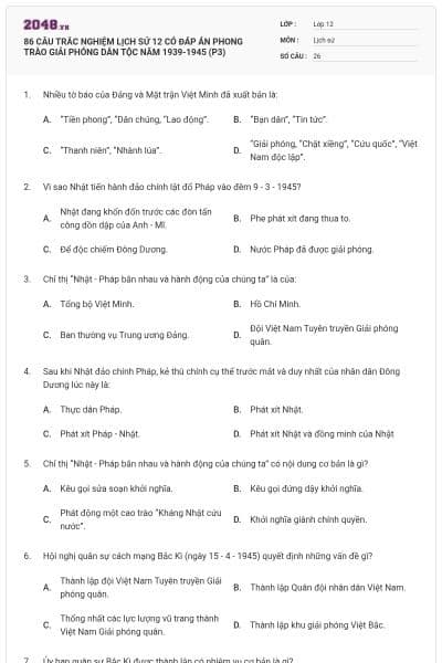 86 CÂU TRẮC NGHIỆM LỊCH SỬ 12 CÓ ĐÁP ÁN PHONG TRÀO GIẢI PHÓNG DÂN TỘC NĂM 1939-1945 (P3)