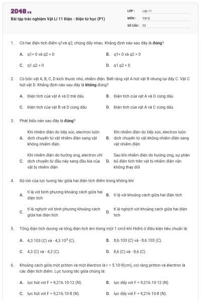 Bài tập trắc nghiệm Vật Lí 11 Điện - Điện từ học (P1)