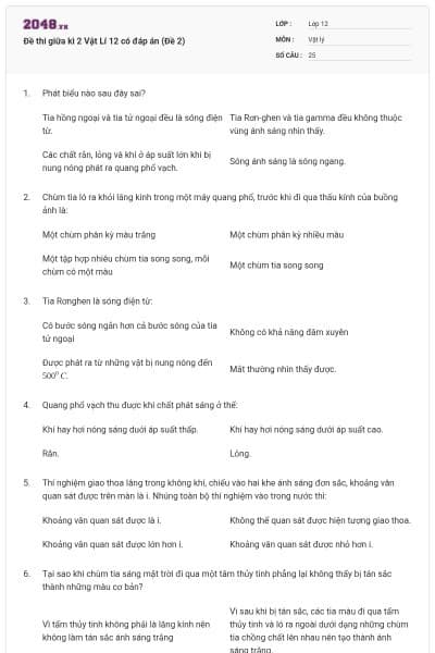 Đề thi giữa kì 2 Vật Lí 12 có đáp án (Đề 2)