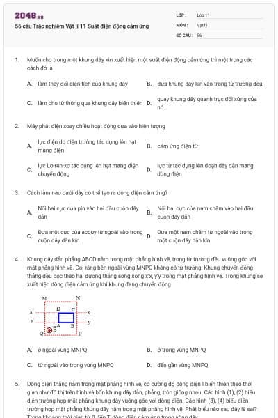 56 câu Trắc nghiệm Vật lí 11 Suất điện động cảm ứng