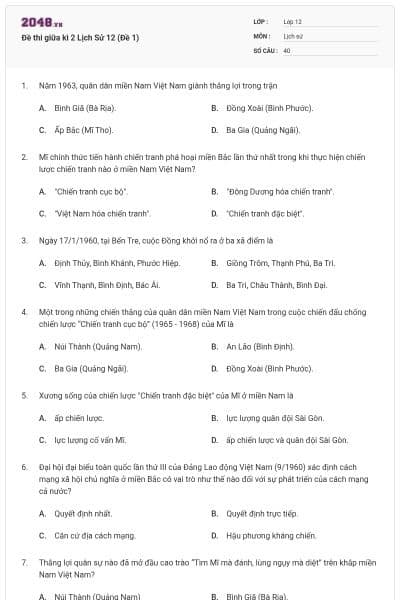 Đề thi giữa kì 2 Lịch Sử 12 (Đề 1)