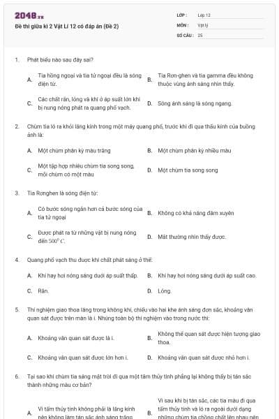 Đề thi giữa kì 2 Vật Lí 12 có đáp án (Đề 2)