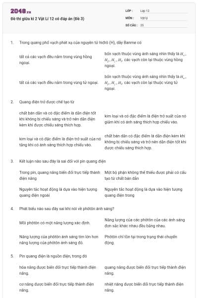 Đề thi giữa kì 2 Vật Lí 12 có đáp án (Đề 3)