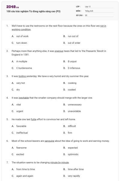 100 câu trắc nghiệm Từ đồng nghĩa nâng cao (P3)