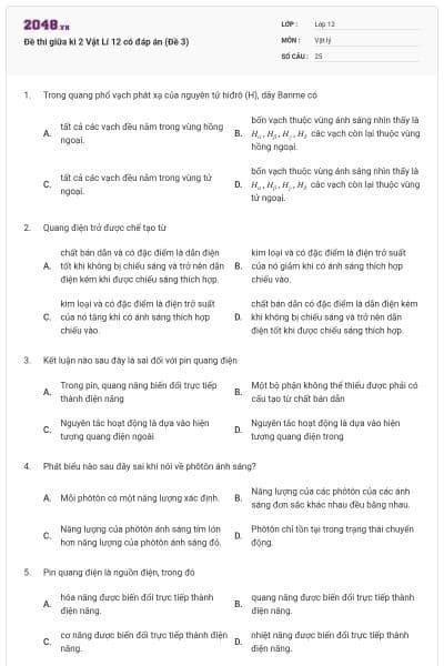 Đề thi giữa kì 2 Vật Lí 12 có đáp án (Đề 3)
