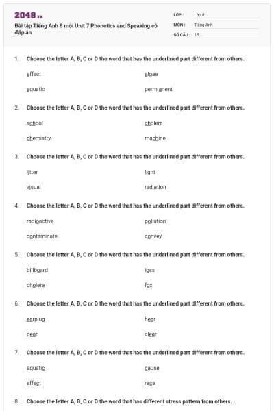 Bài tập Tiếng Anh 8 mới Unit 7 Phonetics and Speaking có đáp án