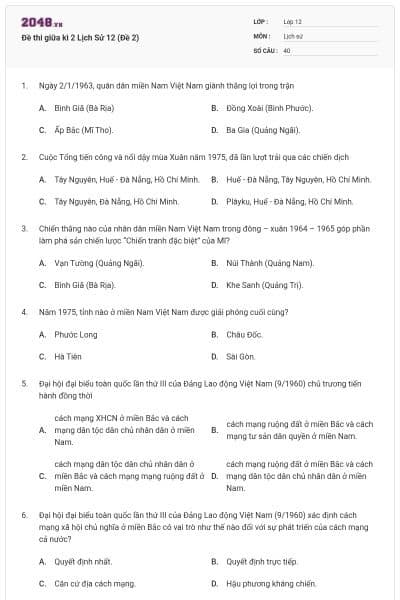 Đề thi giữa kì 2 Lịch Sử 12 (Đề 2)