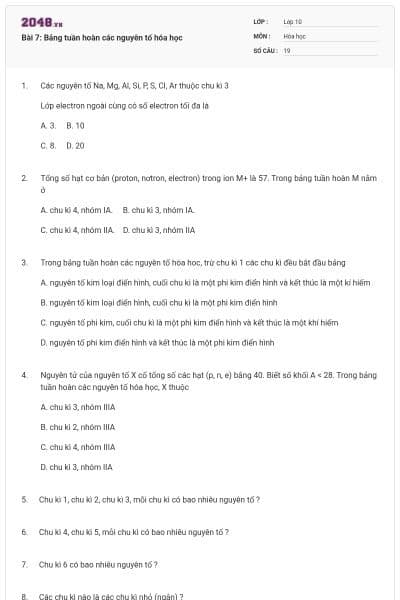 Bài 7: Bảng tuần hoàn các nguyên tố hóa học