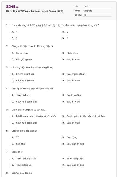 Đề thi Học kì 2 Công nghệ 8 cực hay, có đáp án (Đề 3)