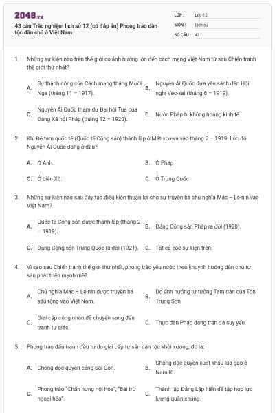43 câu Trắc nghiệm lịch sử 12 (có đáp án) Phong trào dân tộc dân chủ ở Việt Nam