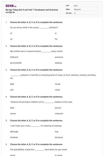 Bài tập Tiếng Anh 8 mới Unit 7 Vocabulary and Grammar có đáp án