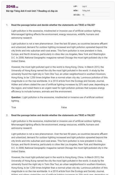 Bài tập Tiếng Anh 8 mới Unit 7 Reading có đáp án