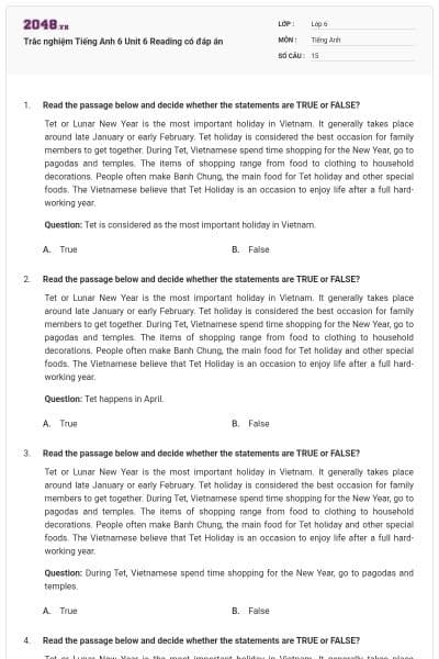 Trắc nghiệm Tiếng Anh 6 Unit 6 Reading có đáp án