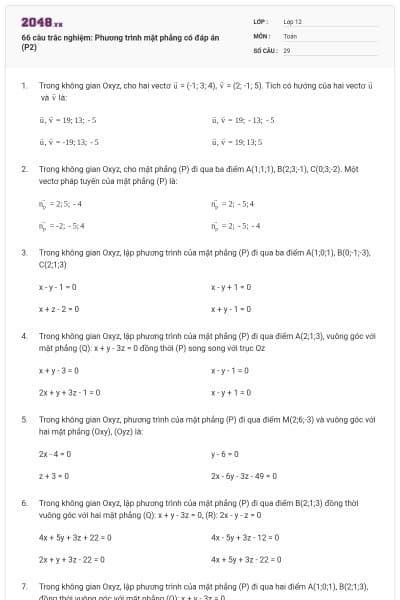 66 câu trắc nghiệm: Phương trình mặt phẳng có đáp án (P2)