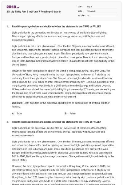 Bài tập Tiếng Anh 8 mới Unit 7 Reading có đáp án