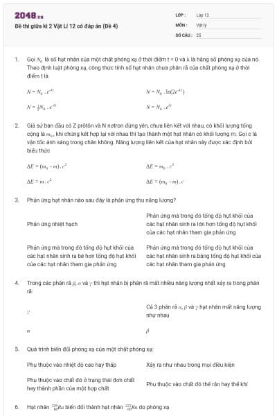 Đề thi giữa kì 2 Vật Lí 12 có đáp án (Đề 4)