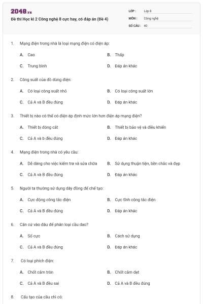 Đề thi Học kì 2 Công nghệ 8 cực hay, có đáp án (Đề 4)