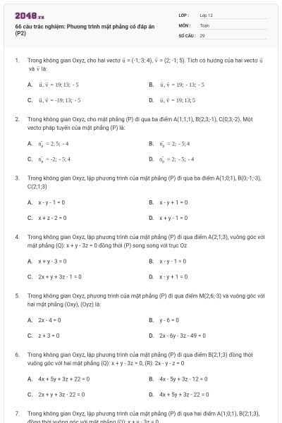 66 câu trắc nghiệm: Phương trình mặt phẳng có đáp án (P2)