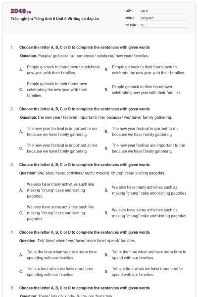 Trắc nghiệm Tiếng Anh 6 Unit 6 Writing có đáp án