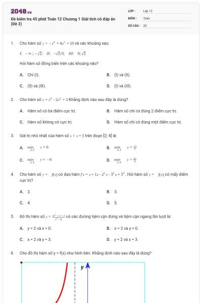 Đề kiểm tra 45 phút Toán 12 Chương 1 Giải tích có đáp án (Đề 3)