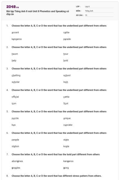 Bài tập Tiếng Anh 8 mới Unit 8 Phonetics and Speaking có đáp án