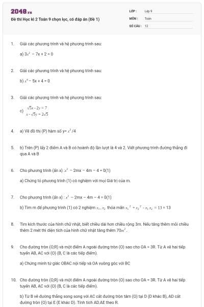 Đề thi Học kì 2 Toán 9 chọn lọc, có đáp án (Đề 1)