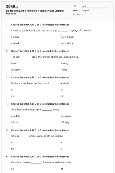 Bài tập Tiếng Anh 8 mới Unit 8 Vocabulary and Grammar có đáp án