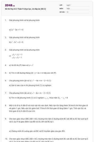 Đề thi Học kì 2 Toán 9 chọn lọc, có đáp án (Đề 2)