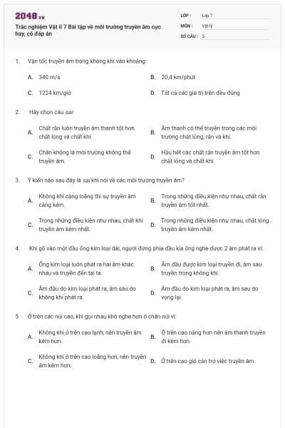 Trắc nghiệm Vật lí 7 Bài tập về môi trường truyền âm cực hay, có đáp án