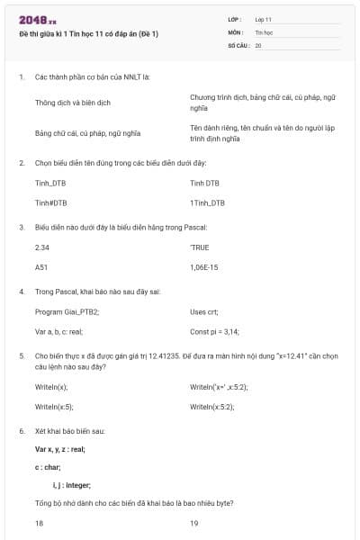 Đề thi giữa kì 1 Tin học 11 có đáp án (Đề 1)