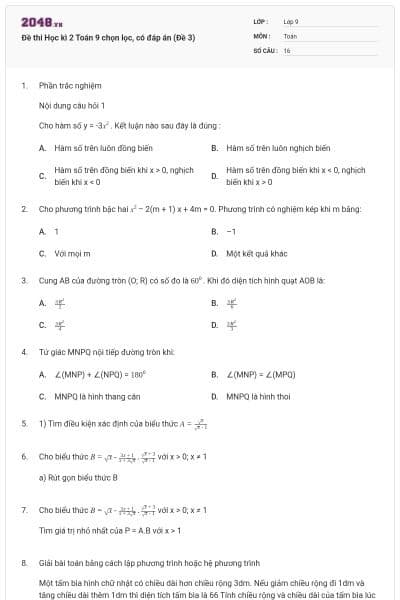 Đề thi Học kì 2 Toán 9 chọn lọc, có đáp án (Đề 3)