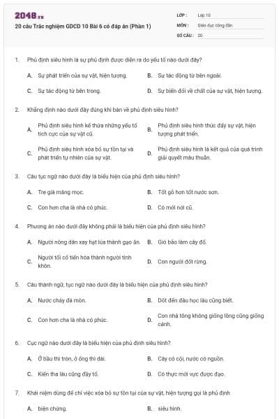 20 câu Trắc nghiệm GDCD 10 Bài 6 có đáp án (Phần 1)