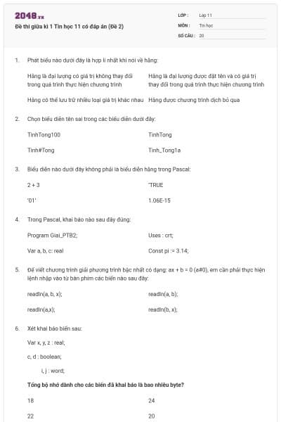 Đề thi giữa kì 1 Tin học 11 có đáp án (Đề 2)