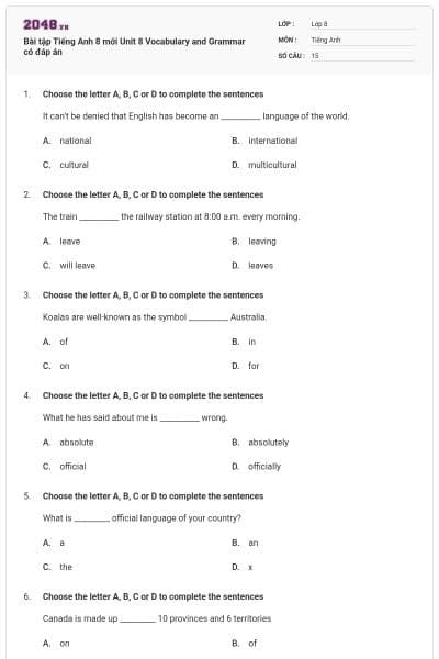 Bài tập Tiếng Anh 8 mới Unit 8 Vocabulary and Grammar có đáp án