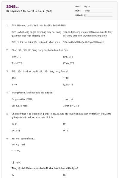 Đề thi giữa kì 1 Tin học 11 có đáp án (Đề 3)