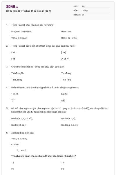 Đề thi giữa kì 1 Tin học 11 có đáp án (Đề 4)